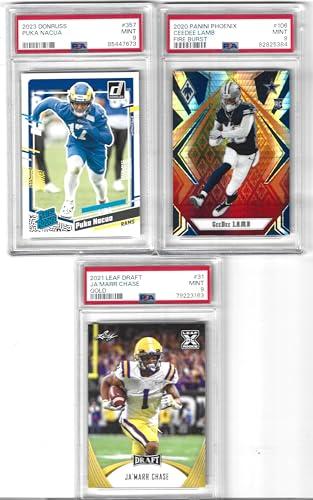 MINT JA'MARR CHASE GOLD PUKA NACUA DONRUSS & CEEDEE LAMB FIRE BURTS 3 CARD ROOKIE LOT GRADED PSA MINT 9 SUPERSTAR WIDE RECEIVERS — Sports Cards review