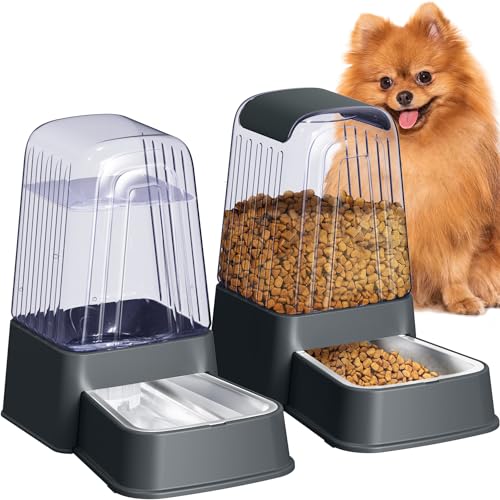 Automatic Dog and Cat Food Feeder and Water Dispenser Set with Stainless Steel Bowls,Gravity Pet Food and Water Feeders,100% BPA-Free,Large Capacity for Cats Dogs Pets… (5L Dark Gray) — Pet Supplies review