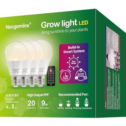 Smart LED Grow Light Bulbs with Remote Controller, Sun Simulation Mode, Built-in Auto Timer, A21/A70 E26/E27 9W Dimmable Full Spectrum Intelligent Plant Grow Bulbs for Indoor Plants, 4 Pack — Patio, Lawn & Garden review