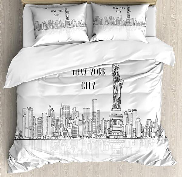 Ambesonne NYC Landmarks Outline Duvet Cover queen size — line art illustration of Empire State, Brooklyn Bridge, Chrysler Building